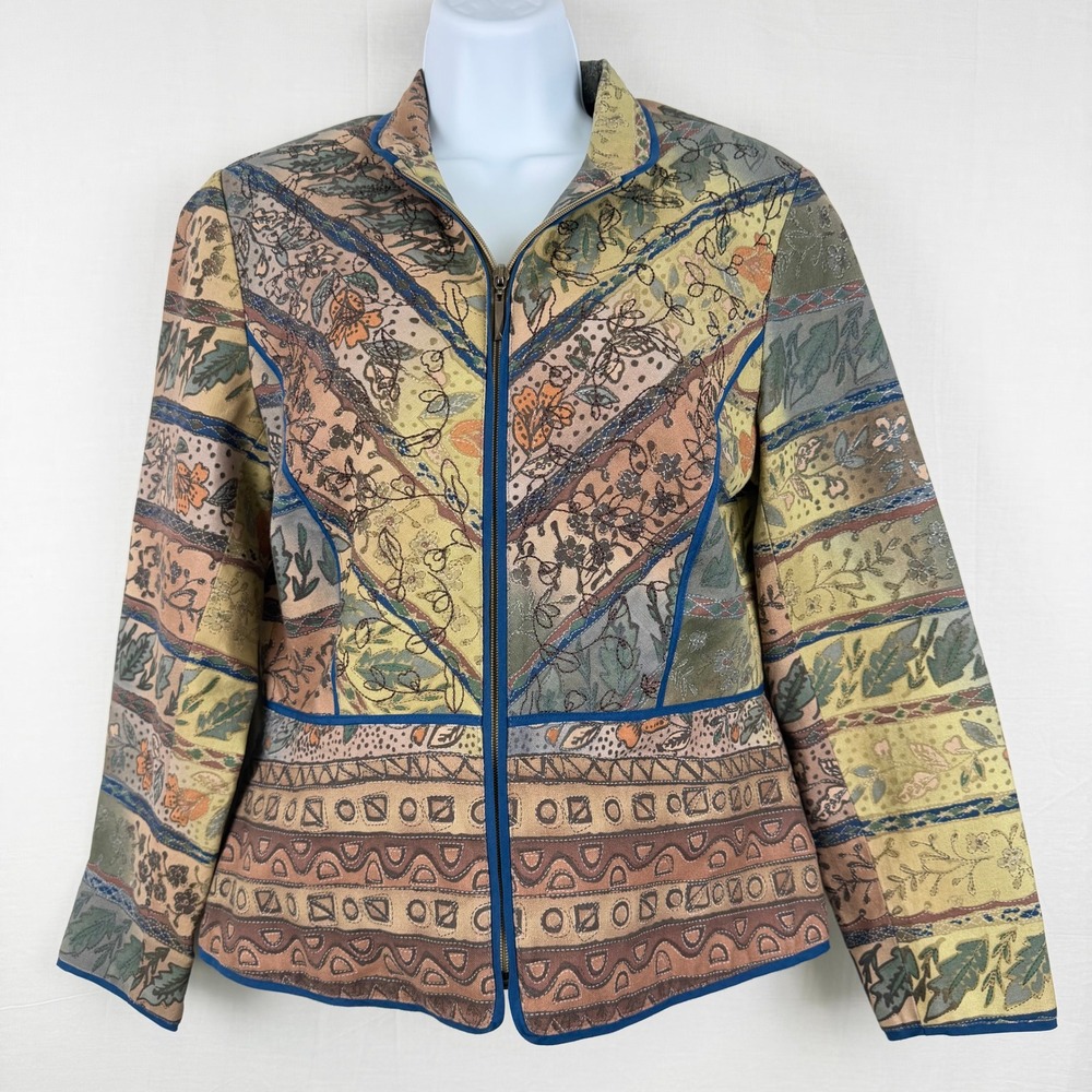 Coldwater Creek Womens P8 Tapestry Floral Geometric Zip Up Jacket Blue Green